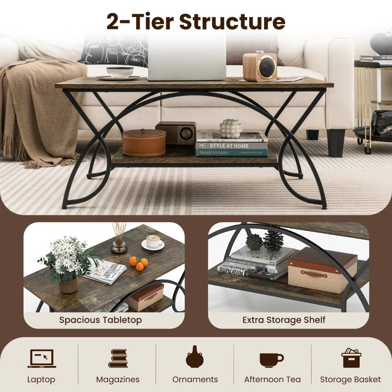 2-Tier Faux Marble Coffee Table with Marble Top and Metal Frame-Dark Brown