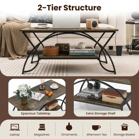 2-Tier Faux Marble Coffee Table with Marble Top and Metal Frame-Dark Brown