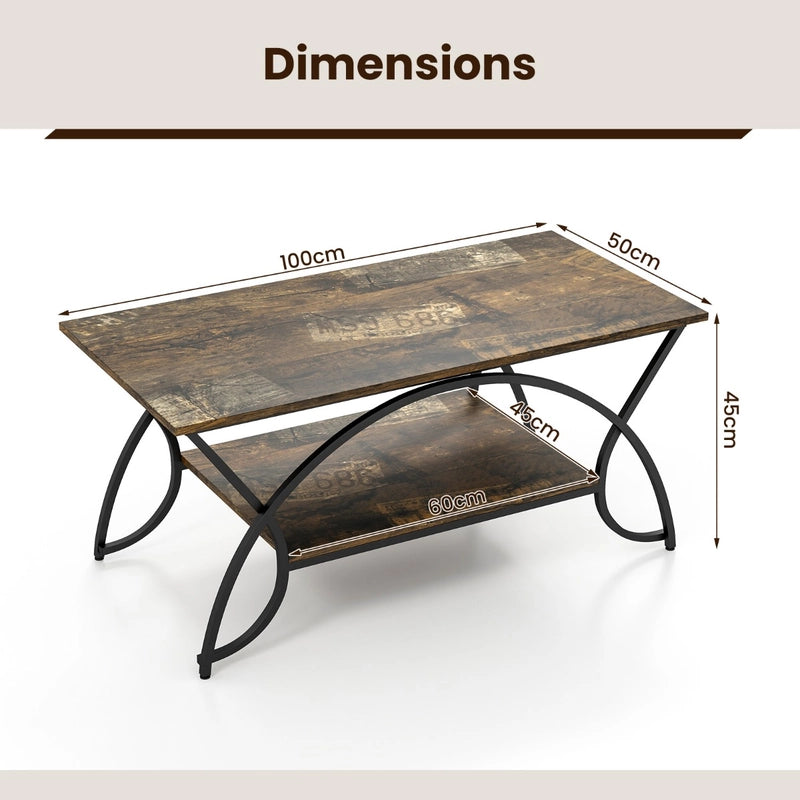 2-Tier Faux Marble Coffee Table with Marble Top and Metal Frame-Dark Brown