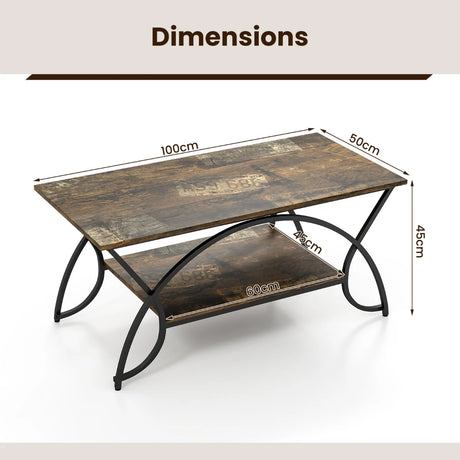 2-Tier Faux Marble Coffee Table with Marble Top and Metal Frame-Dark Brown
