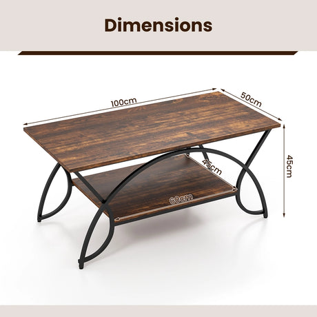 2-Tier Faux Marble Coffee Table with Marble Top and Metal Frame-Rustic Brown