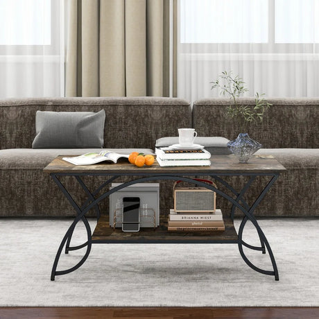 2-Tier Faux Marble Coffee Table with Marble Top and Metal Frame-Dark Brown