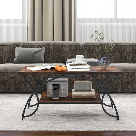 2-Tier Faux Marble Coffee Table with Marble Top and Metal Frame-Rustic Brown