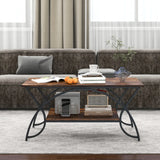 2-Tier Faux Marble Coffee Table with Marble Top and Metal Frame-Rustic Brown