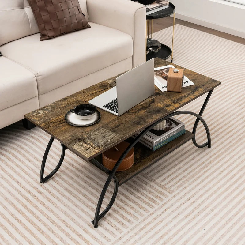 2-Tier Faux Marble Coffee Table with Marble Top and Metal Frame-Dark Brown