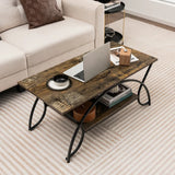 2-Tier Faux Marble Coffee Table with Marble Top and Metal Frame-Dark Brown