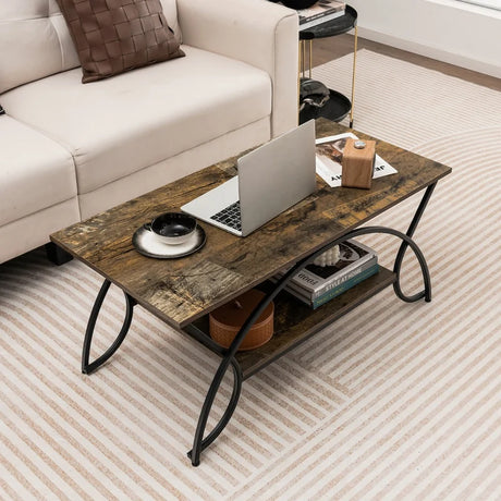 2-Tier Faux Marble Coffee Table with Marble Top and Metal Frame-Dark Brown