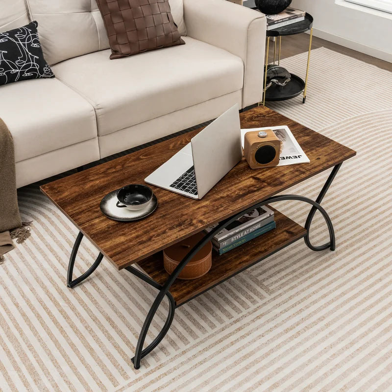 2-Tier Faux Marble Coffee Table with Marble Top and Metal Frame-Rustic Brown