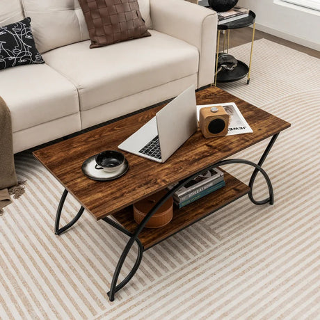 2-Tier Faux Marble Coffee Table with Marble Top and Metal Frame-Rustic Brown