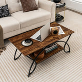 2-Tier Faux Marble Coffee Table with Marble Top and Metal Frame-Rustic Brown