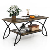 2-Tier Faux Marble Coffee Table with Marble Top and Metal Frame-Dark Brown