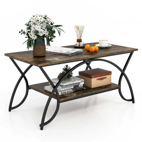 2-Tier Faux Marble Coffee Table with Marble Top and Metal Frame-Dark Brown