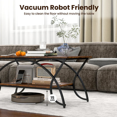 2-Tier Faux Marble Coffee Table with Marble Top and Metal Frame-Rustic Brown