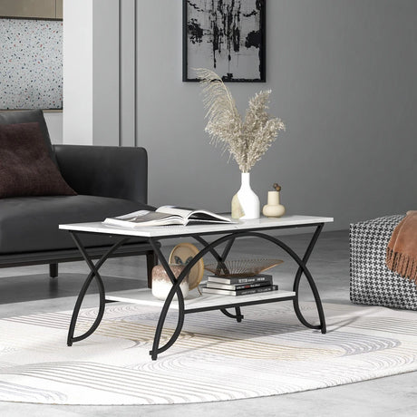 2-Tier Faux Marble Coffee Table with Marble Top and Metal Frame-Black & White