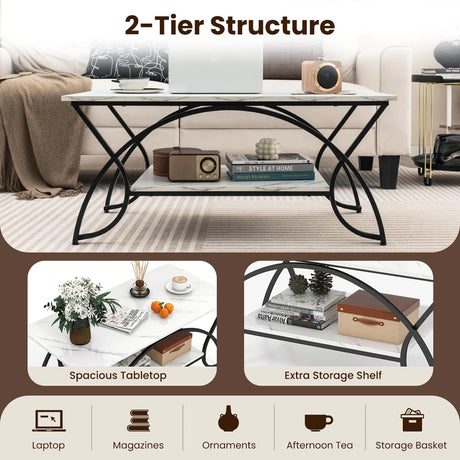 2-Tier Faux Marble Coffee Table with Marble Top and Metal Frame-Black & White