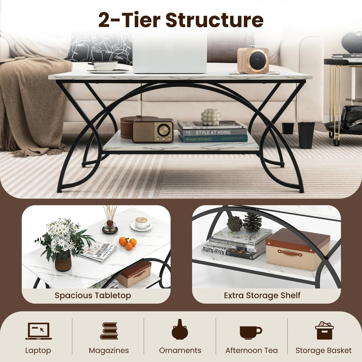 2-Tier Faux Marble Coffee Table with Marble Top and Metal Frame-Black & White