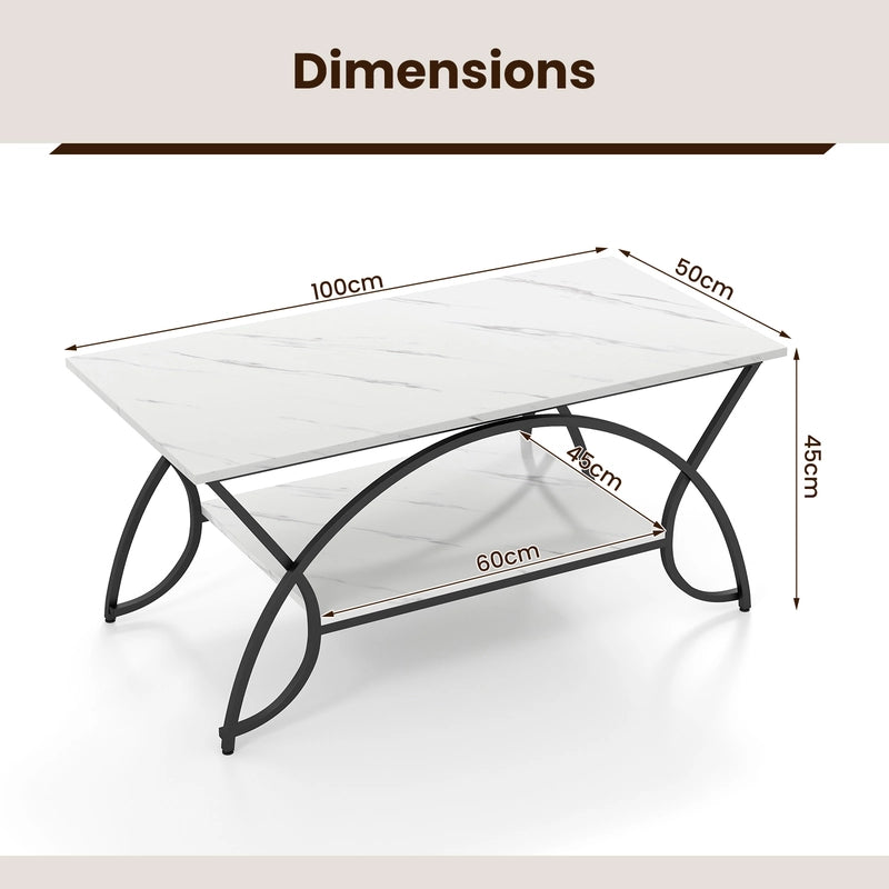 2-Tier Faux Marble Coffee Table with Marble Top and Metal Frame-Black & White