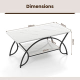 2-Tier Faux Marble Coffee Table with Marble Top and Metal Frame-Black & White