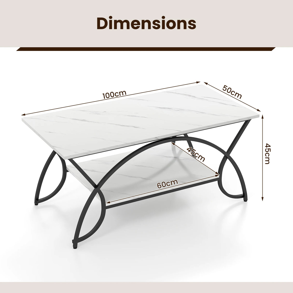 2-Tier Faux Marble Coffee Table with Marble Top and Metal Frame-Black & White
