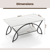 2-Tier Faux Marble Coffee Table with Marble Top and Metal Frame-Black & White