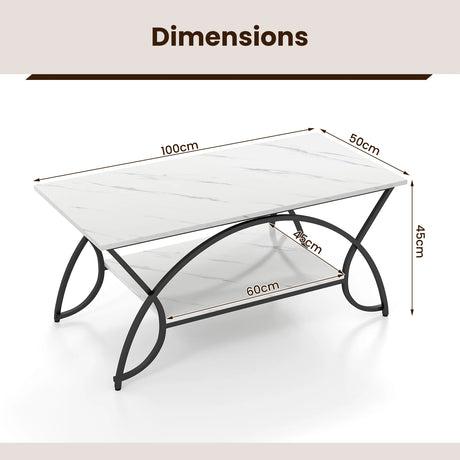 2-Tier Faux Marble Coffee Table with Marble Top and Metal Frame-Black & White