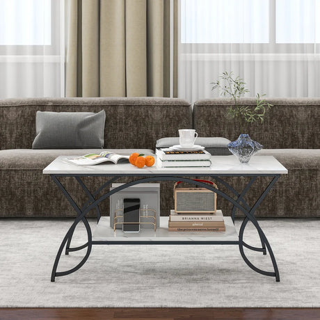 2-Tier Faux Marble Coffee Table with Marble Top and Metal Frame-Black & White
