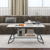 2-Tier Faux Marble Coffee Table with Marble Top and Metal Frame-Black & White