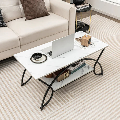 2-Tier Faux Marble Coffee Table with Marble Top and Metal Frame-Black & White