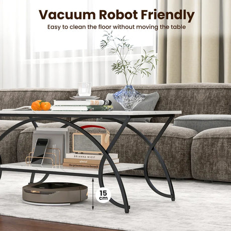 2-Tier Faux Marble Coffee Table with Marble Top and Metal Frame-Black & White