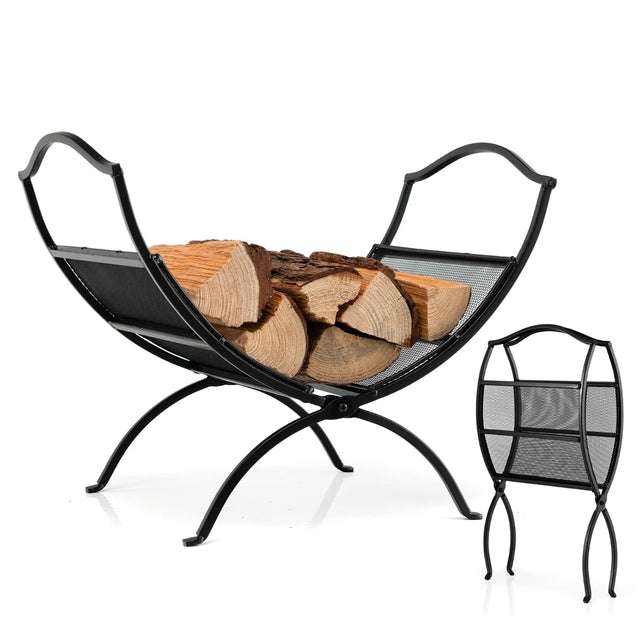 19 Inch Folding Fireplace Log Rack with Convenient Handle-Black