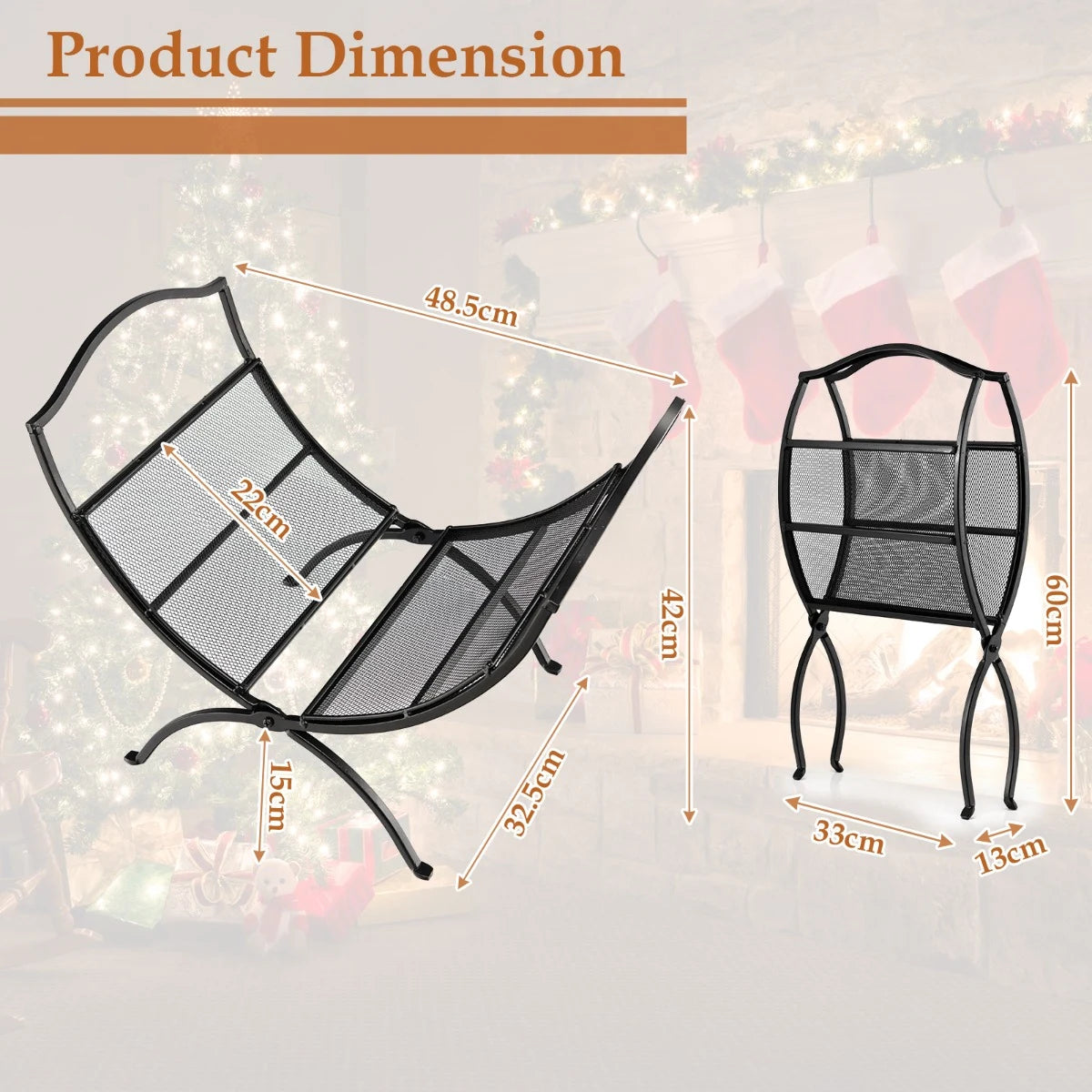19 Inch Folding Fireplace Log Rack with Convenient Handle-Black