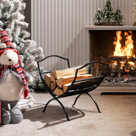 19 Inch Folding Fireplace Log Rack with Convenient Handle-Black