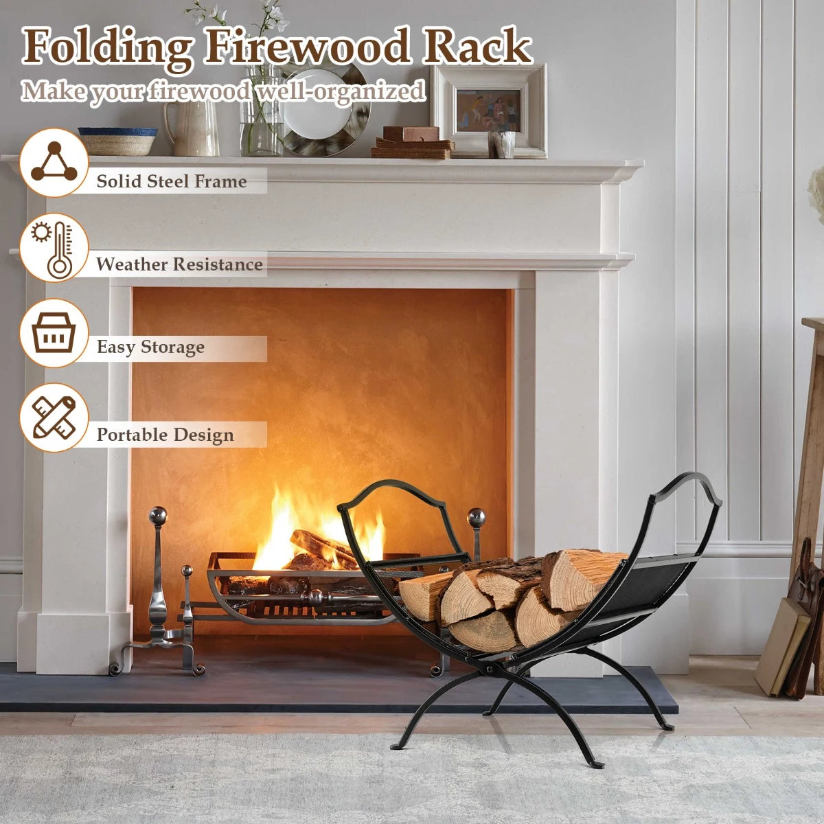 19 Inch Folding Fireplace Log Rack with Convenient Handle-Black