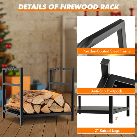 Firewood Log Rack with Unique Handle and Raised Feet-Black