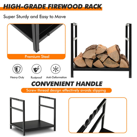 Firewood Log Rack with Unique Handle and Raised Feet-Black