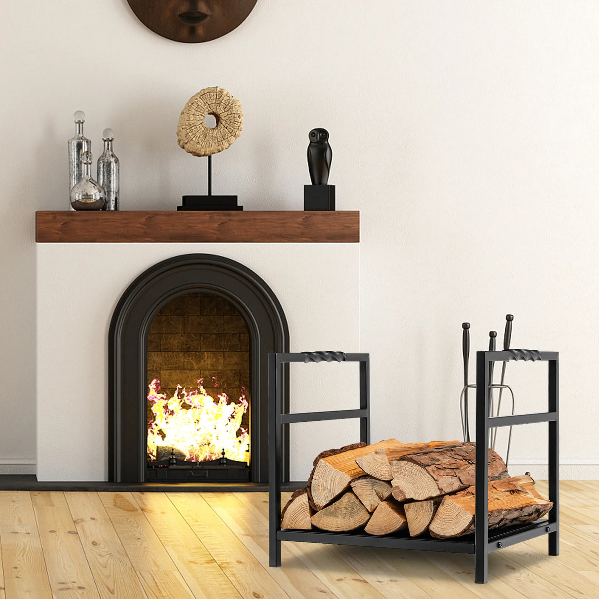 Firewood Log Rack with Unique Handle and Raised Feet-Black