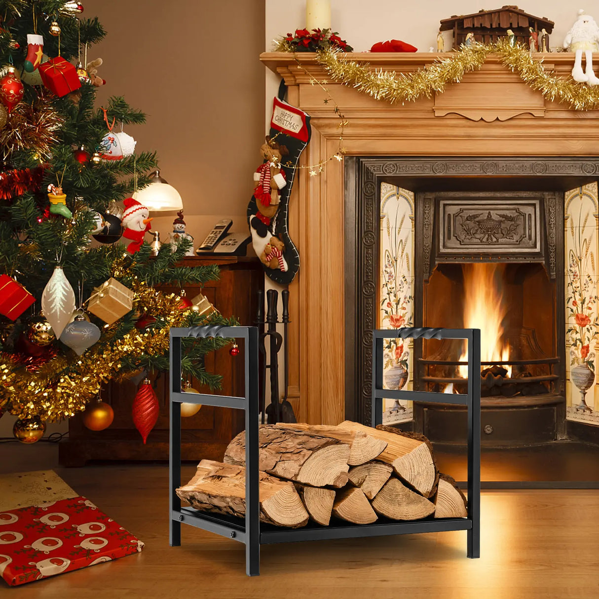 Firewood Log Rack with Unique Handle and Raised Feet-Black