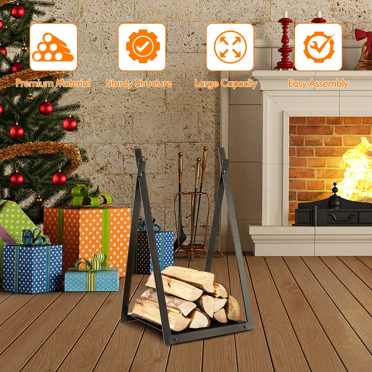 Triangle Firewood Rack with Raised Base for Fireplace Fire Pit-Black