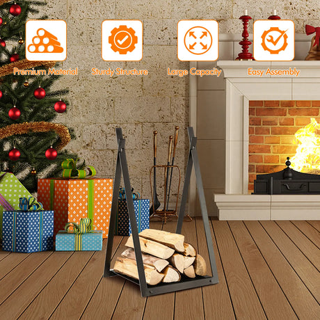 Triangle Firewood Rack with Raised Base for Fireplace Fire Pit-Black