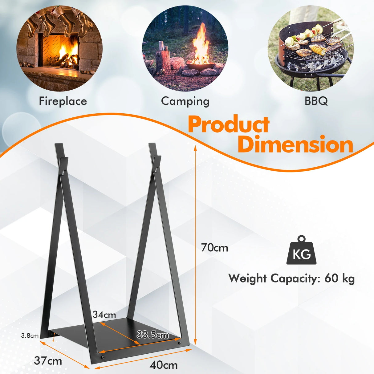 Triangle Firewood Rack with Raised Base for Fireplace Fire Pit-Black