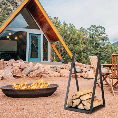 Triangle Firewood Rack with Raised Base for Fireplace Fire Pit-Black