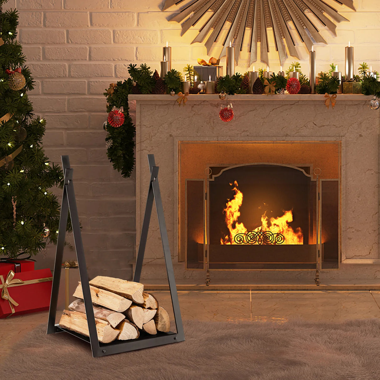Triangle Firewood Rack with Raised Base for Fireplace Fire Pit-Black