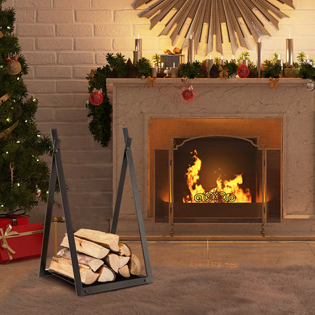 Triangle Firewood Rack with Raised Base for Fireplace Fire Pit-Black