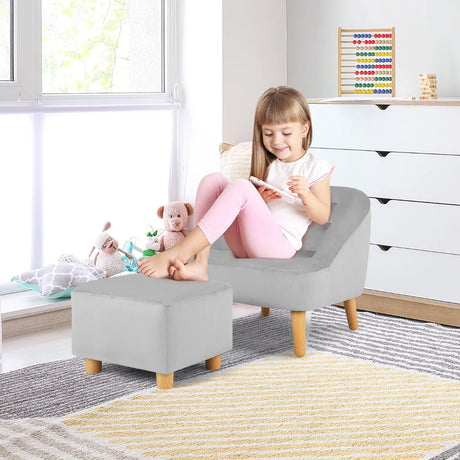 2 Pieces Upholstered Kids Sofa Set with Ottoman-Grey