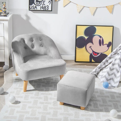 2 Pieces Upholstered Kids Sofa Set with Ottoman-Grey
