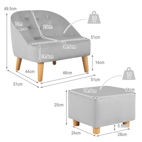 2 Pieces Upholstered Kids Sofa Set with Ottoman-Grey