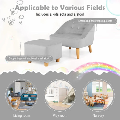 2 Pieces Upholstered Kids Sofa Set with Ottoman-Grey