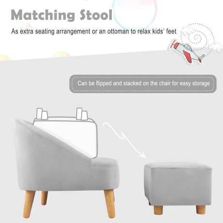 2 Pieces Upholstered Kids Sofa Set with Ottoman-Grey