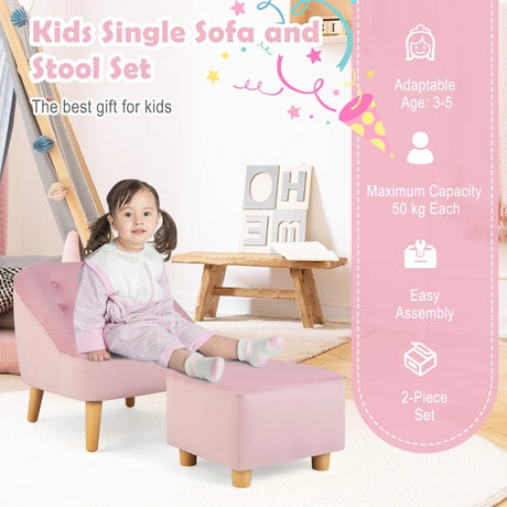 2 Pieces Upholstered Kids Sofa Set with Ottoman-Pink