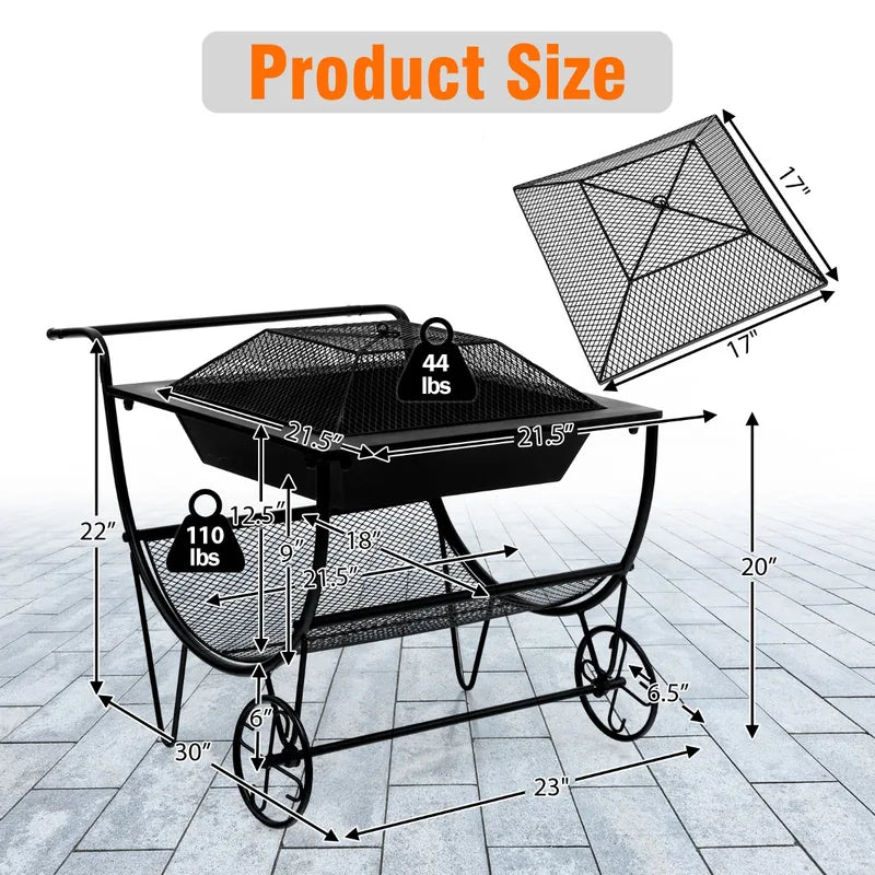 Outdoor Wood Burning Fire Pit with Log Storage Rack and Wheels